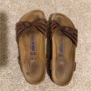 Birkenstock Brown Strappy Leather Slide Sandals